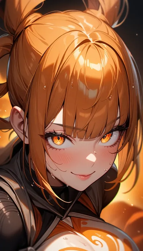 1girl,solo,super detailed skin,shiny skin,wet oily skin,expressionless face,smile,orange hair,blunt bangs,hair rings,detailed eyes,eyelashes,lips gloss,large breasts,asymmetry body suit,Shinobi clothes,fist,orange magic ,simple background,masterpiece,best ...