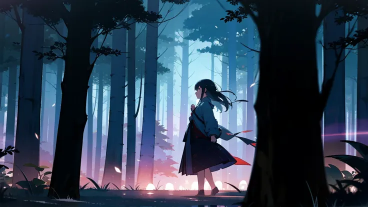 forest、night、the girl is walking.