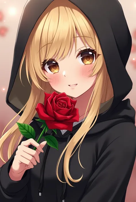 Anime woman, long blonde hair, dark brown eyes, wearing a black hoodie, holding a red rose