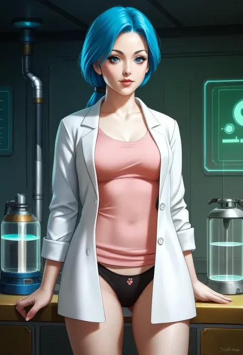 a beautiful anime girl with blue hair in a low ponytail, wearing a lab coat, pink shirt, mini skirt and panties, in a futuristic...