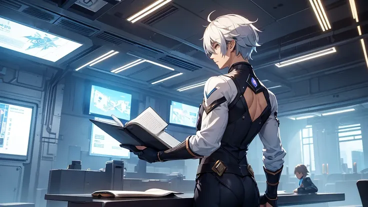 A man with his back turned, writing a diary in a futuristic setting.. He should have clothes and hair similar to Arlechinno from the game Genshin Impact.