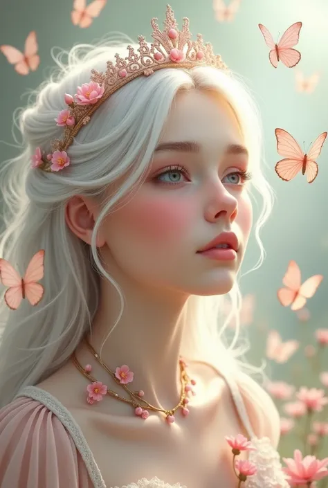 Face of a fairy-like girl, pale, clear hair , flowers around the neck,  bust no , breasts small , delicate crown of a metallic pink color,  butterflies around , natural and cozy climate 