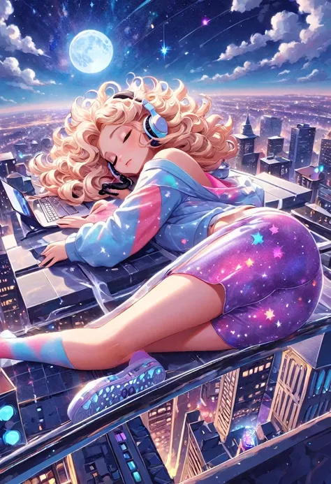 a beautiful fantasy style painting of a beautiful blonde woman with big messy hair, floating on a cloud gracefully laying on the...