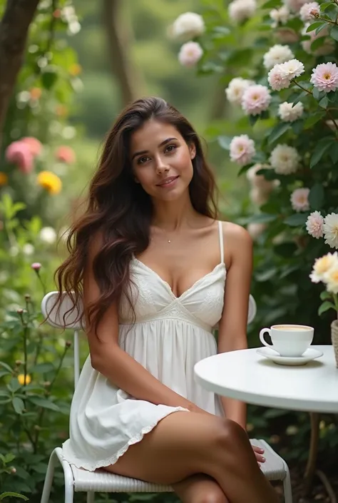 22 year old Brazilian brunette in a white dress in a garden with a coffee table