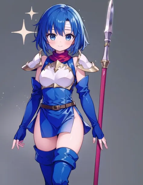 1girl, masterpiece, best quality, perfect hands, blue hair, short hair, catria_echoes, dress, blue elbow gloves, belt, blue fing...