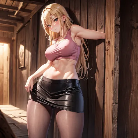 Early 30s, long blonde hair, large heavy breasts, slender build, pink tank top (braless), short leather skirt, pantyhose, back flat against a wooden wall in a dungeon, legs parted, eye contact, cowboy shot, cock bulge