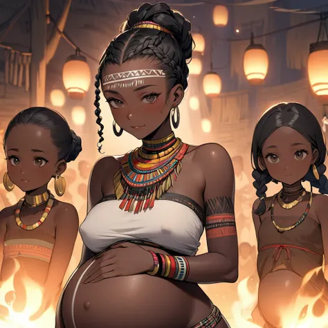 ((Highest quality)), ((masterpiece)), (detailed), （Perfect Face）、The woman has vibrant black skin and is pregnant.、（Ghana braids with strong curly hair slicked back）、Black, dark skinned, African native tribal woman、The amount of hair is small、Black Hair、Ve...