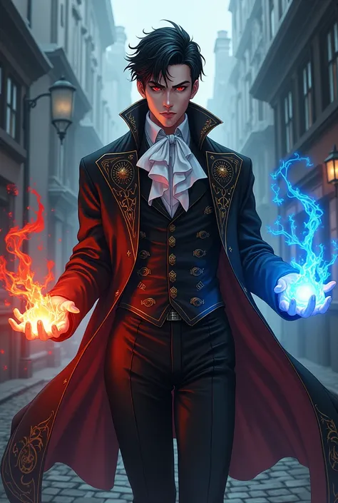 28-year-old man, black hair with a quality pompadour, red eyes, 19th century England, exorcist, red fire and another water element in the other hand, with name PotterX, anime style