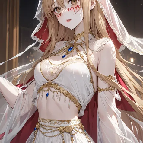 ((Highest quality)), ((masterpiece)), (detailed), （Perfect Face）、The woman has completely white skin and is wearing a creepy clown mask.、The woman is Yuuki Asuna, with light brown, medium-long hair, wearing a completely transparent outfit with gorgeous gol...