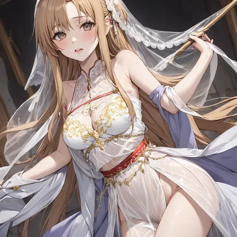 ((Highest quality)), ((masterpiece)), (detailed), （Perfect Face）、The woman has completely white skin and is wearing a creepy clown mask.、The woman is Yuuki Asuna, with light brown, medium-long hair, wearing a completely transparent outfit with gorgeous gol...