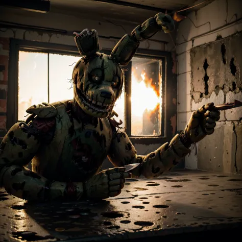 springtrap, five nights at freddys, staring at the viewer with a menacing gaze, holding a knife, inside a burning abandoned pizz...