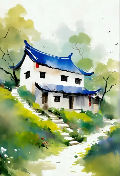 sky占比2/3.chinese ink painting sketch：peaceful and freehand，artistic conception:2.dot，a thatched cottage on a winding path，minima...