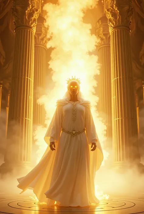 Man with Glowing white hair, eyes of flame, white robe, face bright as the sun, crown of seven diadems, Golden palace.