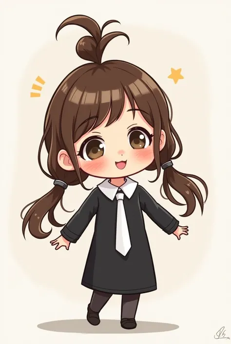 a girl, with long brown hair and pigtails with a light bun wearing a black outfit and a white tie cartoon style
