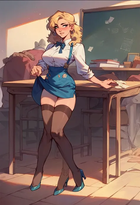 (good quality), (many details), (masterpiece), young woman as teacher in a white blouse, big boobs, blonde hair(curls), mini skirt, standing in front of the table, suspenders and stockings, high heels, exposes her breasts, lifts the skirt, NSFW, sexy, erot...