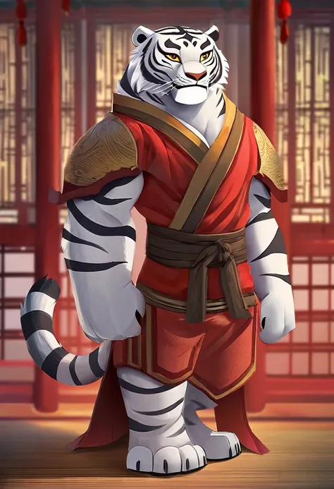 White Tiger from Kung Fu Panda: Paws of Destiny series, male white tiger, white with black stripes fur, amber eyes, tall, slender, extremely beautiful face, muscular body, gentle look, hot, wears red pants with brown sash, in full height 