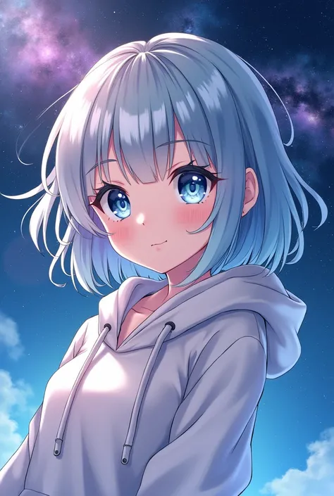 (Blue Eyes), Superior Quality, masterpiece, High resolution, 8k, cute girl wearing a hoodie, With a girl, Detailed line drawing,  digital improvement, Shut, Anime Core, fluid fabric，corruption，Torogao，Multiple Representations，I see peace in my eyes，Galaxy ...