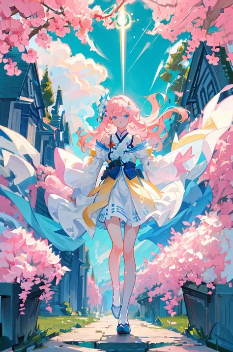 ((masterpiece,best quality))just 1girl,look at the front horizontally, happy, the whole body,Skin whitening,blue eyes,thin,Thigh length,slender waist, long hair,pink hair,white clother,  outdoors,white hanfu,china style,(off shoulder),Exposed legs,cloudy w...