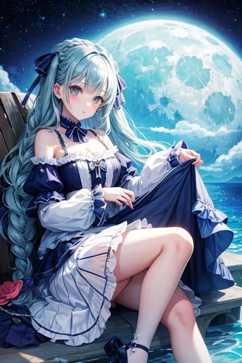 Lolita girl, braids, sea moon, blue high heels