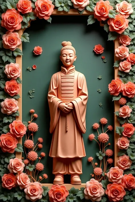 Q version of Terracotta Army，background love flower wall，Colorful frame，show「Green bean mother, I love you」