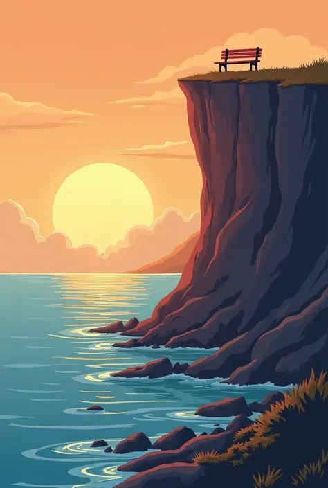 The picture shows a scenery in simple comic style. You can see a long cliff that protrudes from the right into the picture and towers over a sea. Below the cliff you can see a reef with water which can be seen in an autumn sunset. A bench stands a little f...