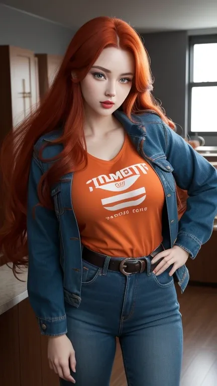 Adult female,Full body suit Perfect facial,Big breasts, perfect face, woman with long red hair and very long red hair, wearing orange t-shirt, curvy body,red lips,Standing in the middle of the room , green eyes, super long red hair with very super long red...