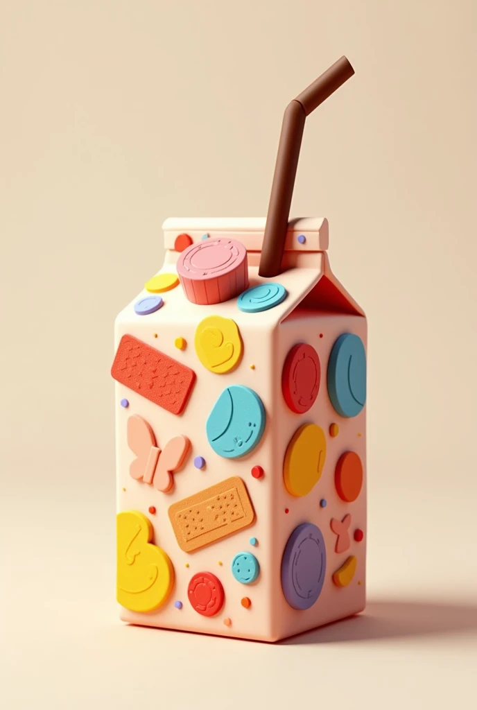 A juice box with a brown straw,that is covered in pure band-aids and a butterfly sticker 