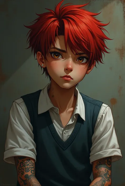 A 17 year old boy, he has red hair,He is brown-skinned,he has a piercing in his eyebrow, he has small eyes,He wears a school uniform and has a tattoo all over his arm.