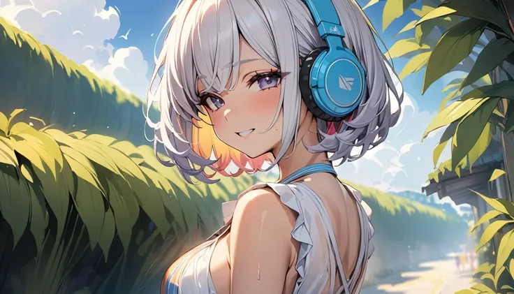 Masterpiece, highest quality, Summer costumes, headphones, colorful hair, outdoor,Upper body,Shorthair girl