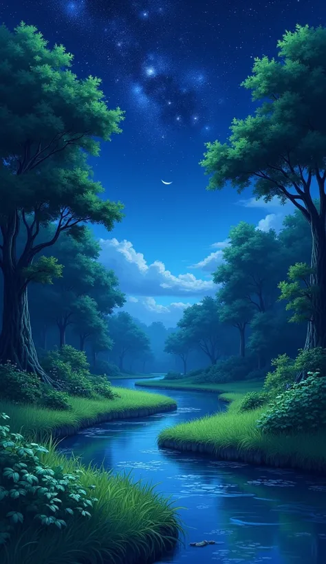 Anime style nature, night time, sky full of shining stars, beautiful with river in between land containing trees and plants