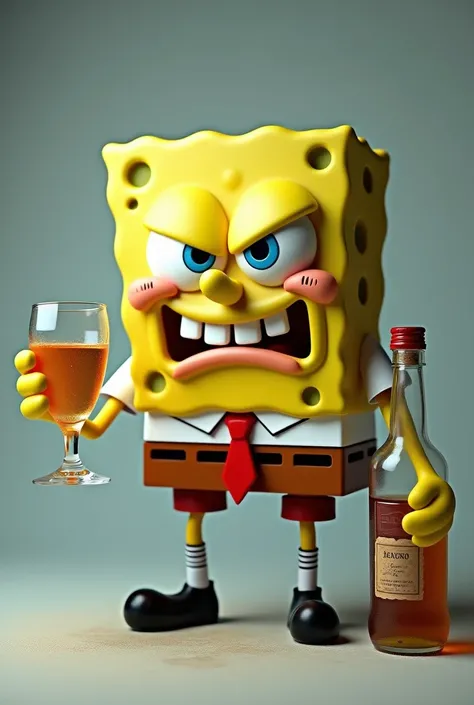 Spongebob hold alcohol one glasses and angryface and one hand is hold a alcohol bottle