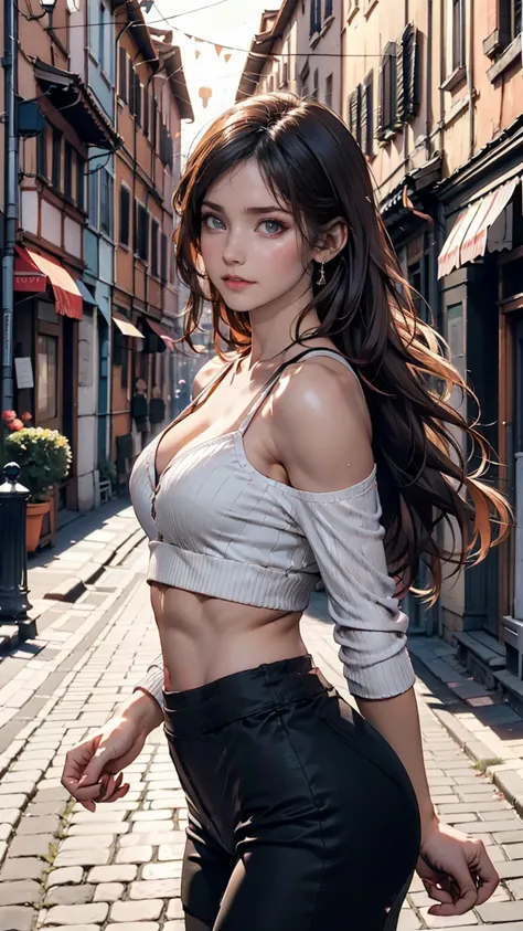 24-year-old woman、Attractive Young Woman, (Beautiful Face:1.1), Detailed eyes, Seductive lips, (eye make up:1.2), (Medium chest:1.0), (Toned body:1.2), Sexy proportions、Narrow waist、Narrow alley in the old town of Rome、The setting sun shines on the buildin...