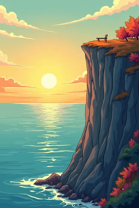 The picture shows a scenery in simple comic style. You can see a long cliff that protrudes from the right into the picture and towers over a sea. Below the cliff you can see a reef with water which can be seen in an autumn sunset. A bench stands a little f...