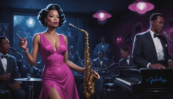 alabama bar, blue note, charismatic, baterist, guitarist, saxophonist, jazz band, fuchsia dress, illustration, noir fantasy, singer lady, 