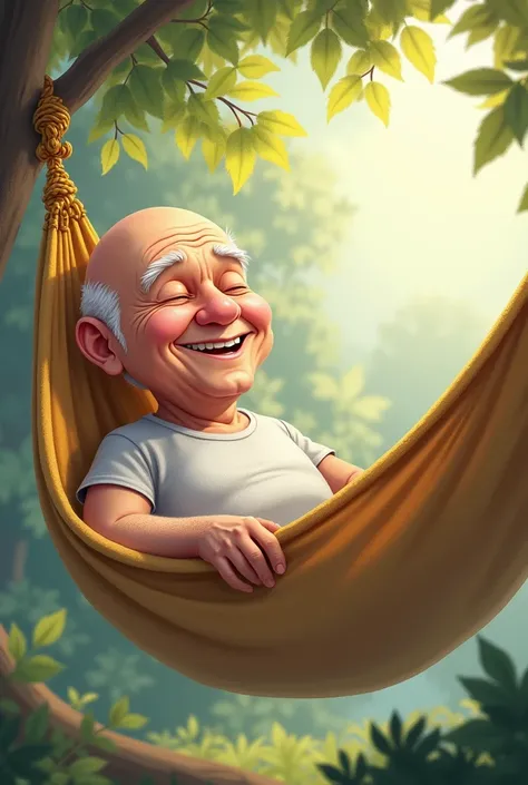 Transparent background drawing of a white elderly man, who has no beard or mustache, happy bald man, lying in a hammock