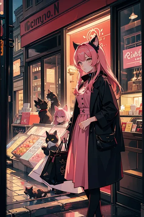 Young woman, темная street, Rear lighting, shop windows, cat in reflection, dark, light in hair, street, coat, black dress, handbag, Abyssinian cat, pink hair girl, without bangs