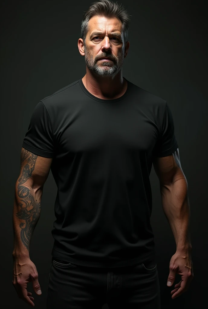 male, 56", Dark brown short hair with gray 2 level, Longer hair on top 4, Muscular arms, Tattoo on left upper arm, Short-sleeved black T-shirt, Medium build, Black jeans, Short and tight beard slightly graying, In a very dark room, Average looking,