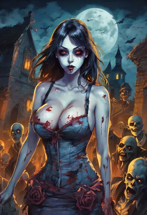 (Masterpiece, Best Quality:1.2) "Zombie, Sexy zombie, Sexy anime style, Charming, Charming, Big breasts", Scary graveyard background with other ghosts around. With the style of a top portrait painter.