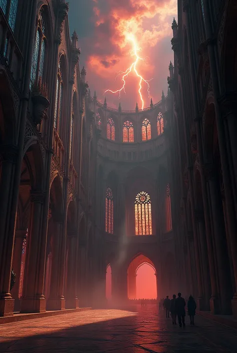 a vast cathedral interior, ornate gothic architecture, sunlight streaming through stained glass windows, dramatic dark storm clouds in the sky, ominous red lightning flashing through the clouds, divine wrath descending, corrupt politicians being destroyed ...