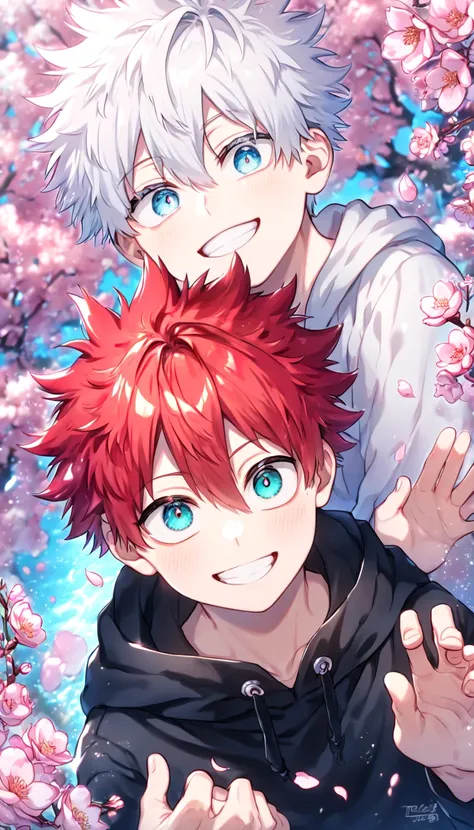 absurdres, highres, ultra detailed, HDR, master piece, best quality, extremely detailed face, delicated features, Gojou Satoru as a kid, white hair, expressive blue eyes, white eyelashes, Boku No Hero Academia, Todoroki Touya as a kid, red hair, spiked hai...