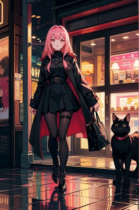 Young woman, темная street, Rear lighting, shop windows, cat in reflection, dark, light in hair, street, coat, black dress, handbag, Abyssinian cat, pink hair girl, Going forward, короткое coat