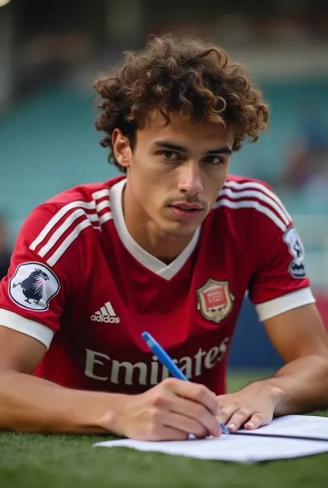 Football player with medium hair signing football team contract 