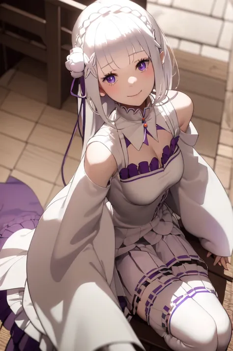 masterpiece, 1girl, emilia, blunt bangs, long hair, crown braid,
white dress, detached collar, wide sleeves, x hair ornament, ha...