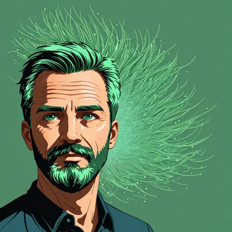 (masterpiece, best quality:1.1), pxint, (1boy:1.05) Medium shot of a Middle aged man with a short stubble, detailed eyes, portrait, beautiful, looking at viewer, GO green and Mint green, vector illustration vibrant background, flowing, (abstract:0.8) 