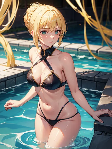 masterpiece, absurdres, (high quality), (detailed lighting), beautiful face, ultra detail, 8k wallpaper, girl, saber_fatestaynightufotable,blonde hair, short hair, sidelocks, bangs, ahoge, single hair bun, french braid, lips, ass visible through thighs, sw...