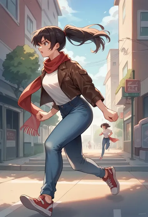 A girl in Brown leather jacket, white T-shirt, jeans and sneakers, red scarf, dark hair In Ponytail, running through London. Ultra detailed, anime, nsfw