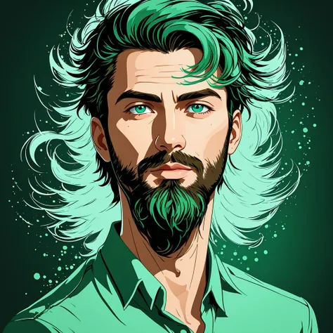 (masterpiece, best quality:1.1), pxint, (1boy:1.05) long shot of a man with a short stubble, detailed eyes, portrait, beautiful, looking at viewer, GO green and Mint green, vector illustration vibrant background, flowing, (abstract:0.8)