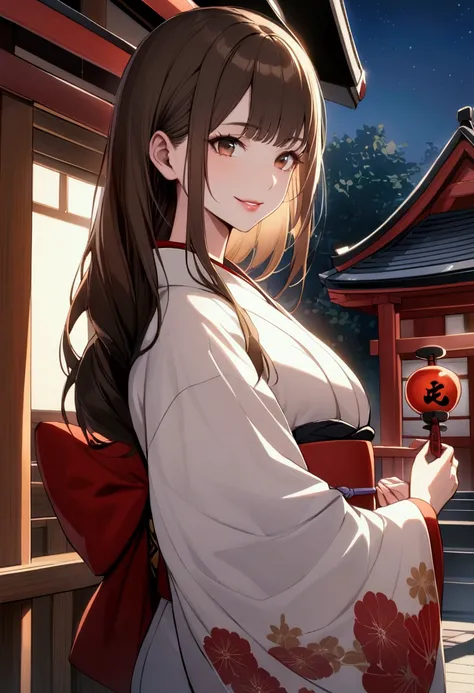 slender, mature female,rating:safe, 1girl, kimono, japanese_clothes,smile, looking_at_viewer, solo, outdoors, brown_hair, day, lips, holding, shrine, standing, kimono, sash, brown_eyes,long_hair, obi, parted_lips, long_sleeves, wide_sleeves, bangs, upper_b...