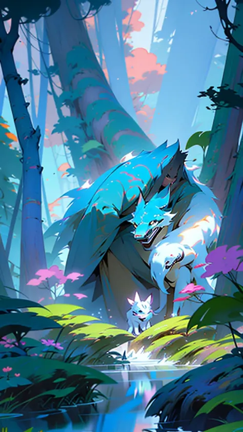 Viral anime nature wallpaper in 4K quality, in the style of digital illustration inspired by Hayao Miyazaki, featuring a serene forest with towering ancient trees, dappled sunlight filtering through the leaves, a gentle stream flowing through the scene, an...