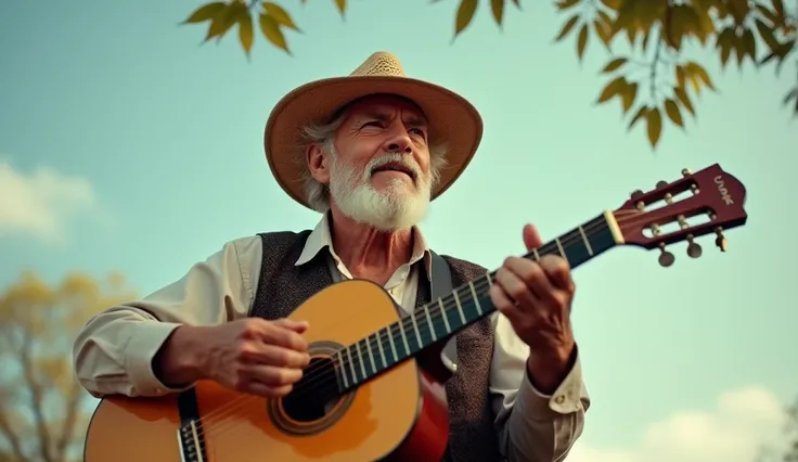 ((best quality)), ((masterpiece)),(detail), perfect face, full body shot of a latin old man playing guitar, Clear face, clear guitar, latin style, retro vintage and romanticism, leaf across the sky, hyper-realistic photos, 8k, ultra high resolution,sharp f...